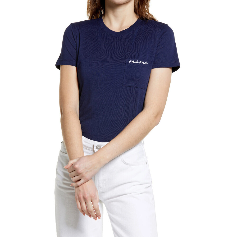 Halogen Women's Mama Embroidered T-Shirt short sleeve In Navy Peacoat Size XS